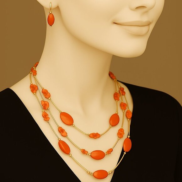 Gold Multi-Strand Statement Necklace Multi-Color Beaded & Matching Earrings - Picture 1 of 11